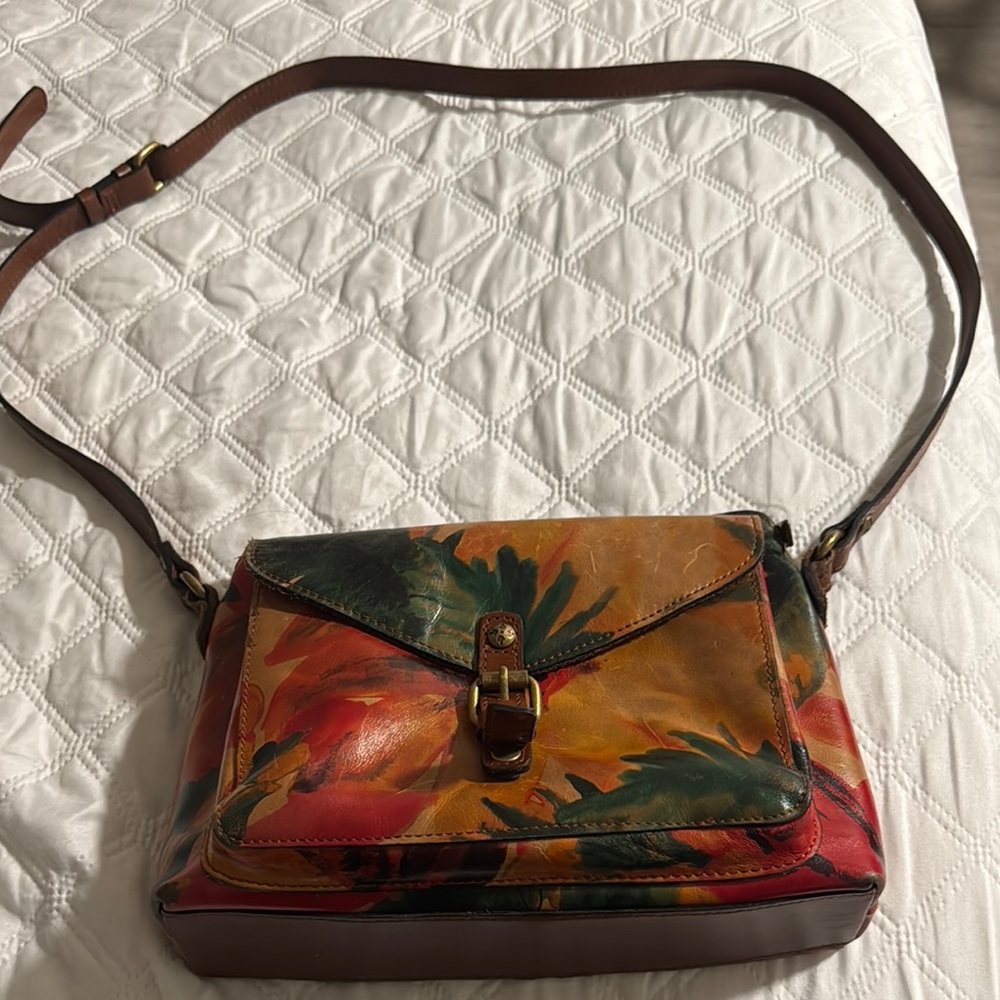 Patricia Nash Red and Green Crossbody Bag with Artistic Floral Design